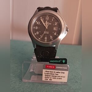 Timex Expedition Indiglo Watch Nylon & Leather Strap 50M Light, New No Box